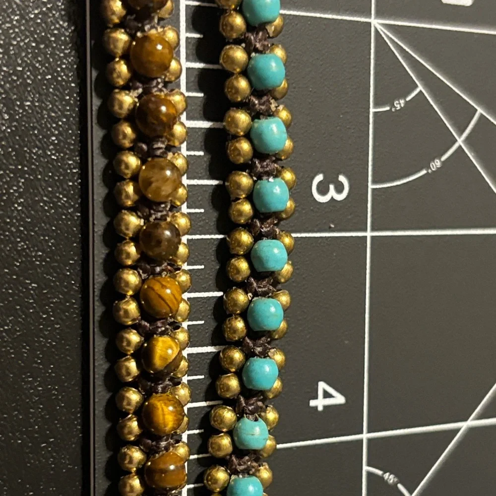 Turquoise and Tiger eye with brass beads‎ and bells woven braided bracelets